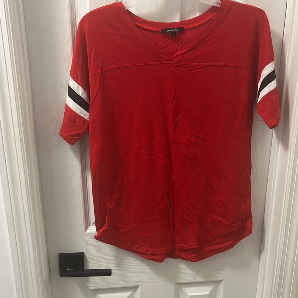 Red V-Neck Women's Top with Striped Sleeves
